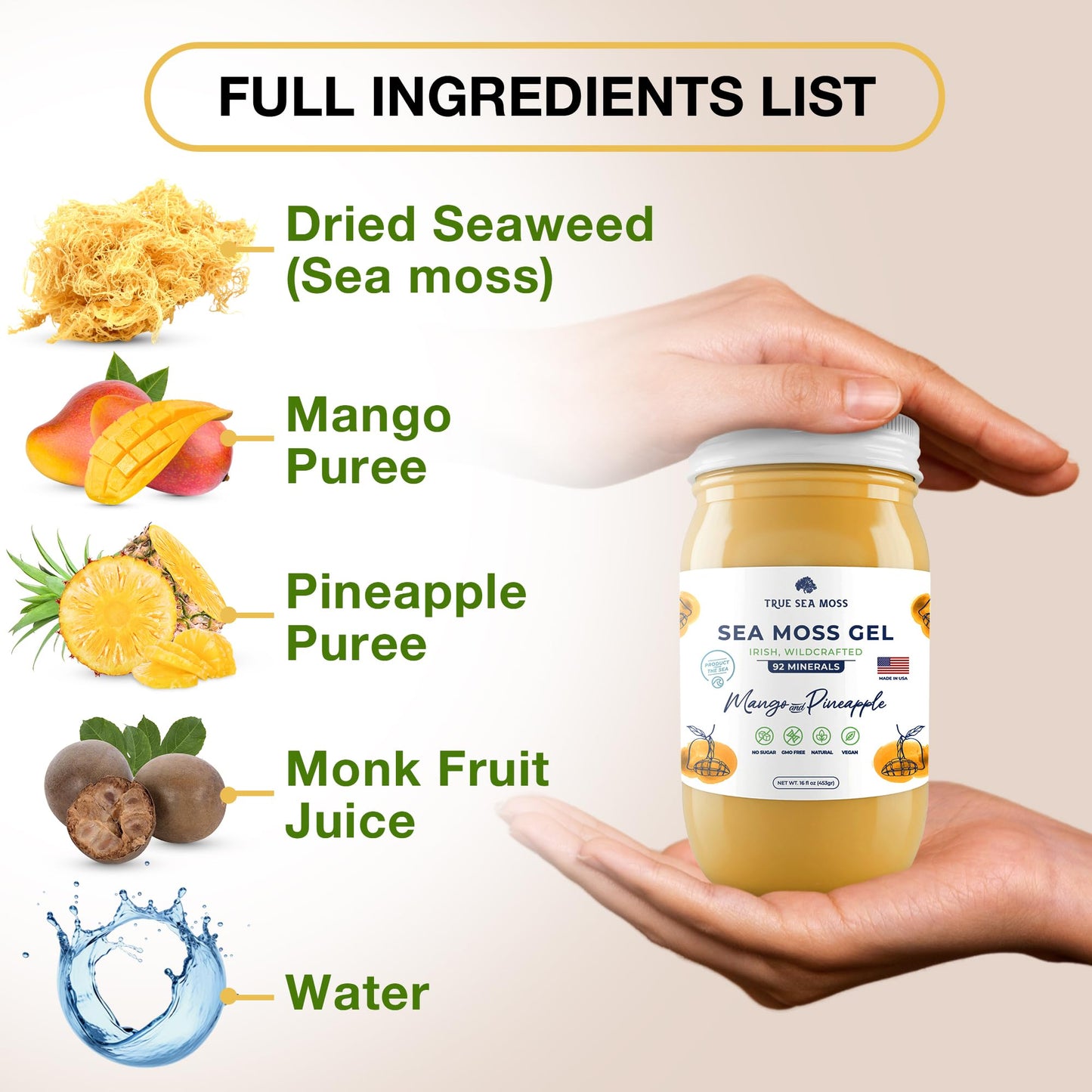 TrueSeaMoss Wildcrafted Irish Sea Moss Gel - Made with Dried Seaweed & Fresh Sea Vegetables, Seamoss - Made in USA (Mango/Pineapple, Pack of 5)