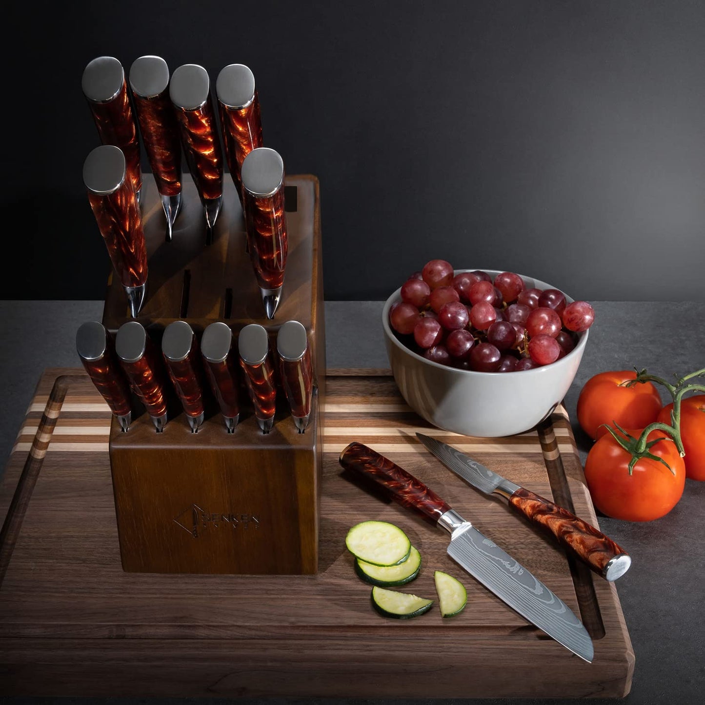 SENKEN 16-Piece Natural Acacia Wood Kitchen Knife Block Set - Japanese Chef's Knife Set with Laser Damascus Pattern, Includes Steak Knives, Kitchen Shears, Santoku, Cleaver & More (Red Resin Handles)