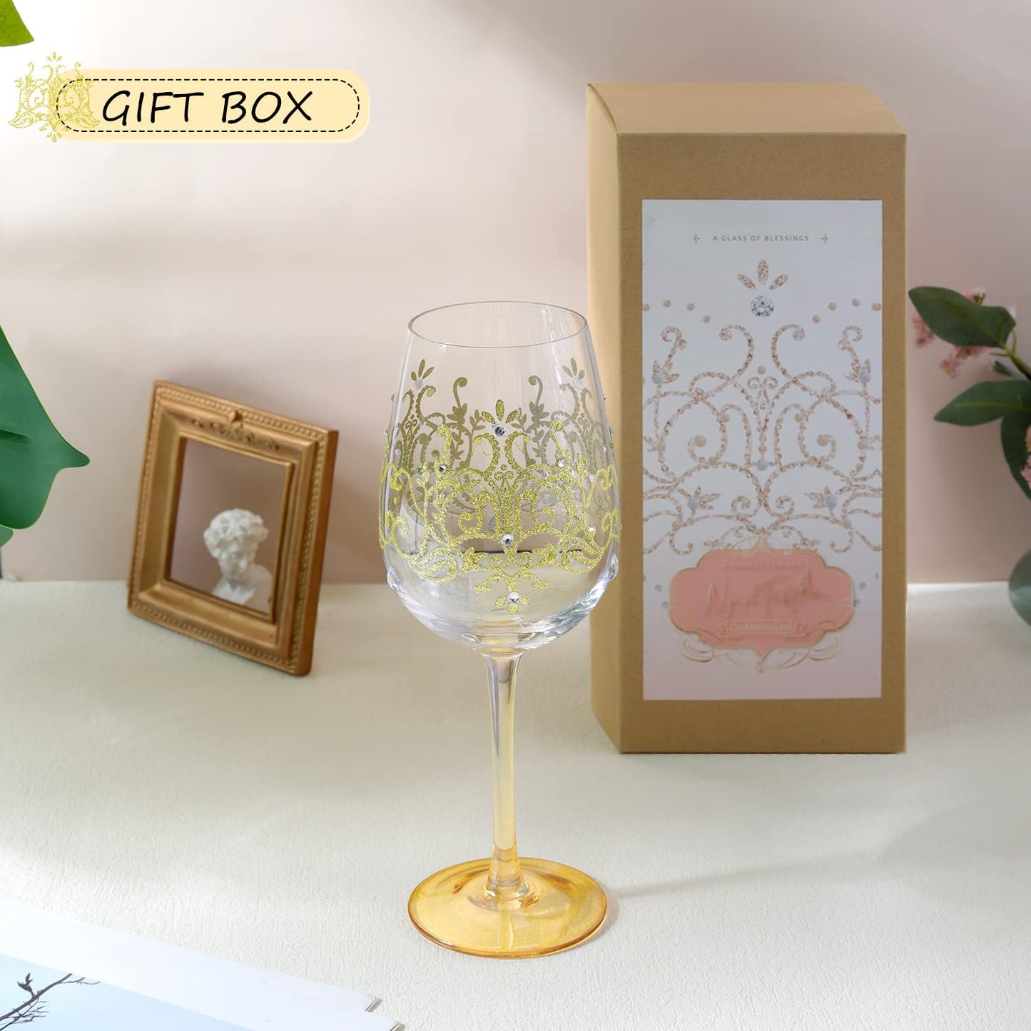 NymphFable Colorful Wine Glass Golden Crown Artisan Painted Glass 15oz Personalised Gift for Birthdays Weddings