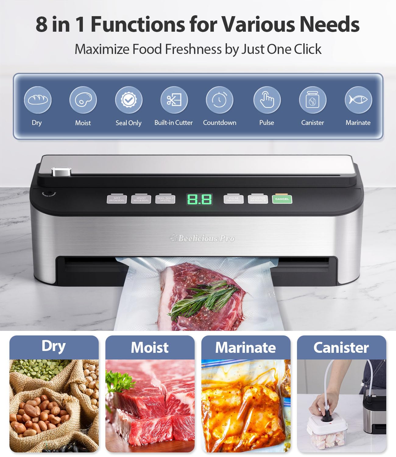 Vacuum Sealer Machine, Beelicious 85KPA Fully Automatic 8-in-1 Food Sealer with Bags Storage, Build-in Cutter, Moist Mode and Air Suction Hose | Digital Countdown | Sous Vide