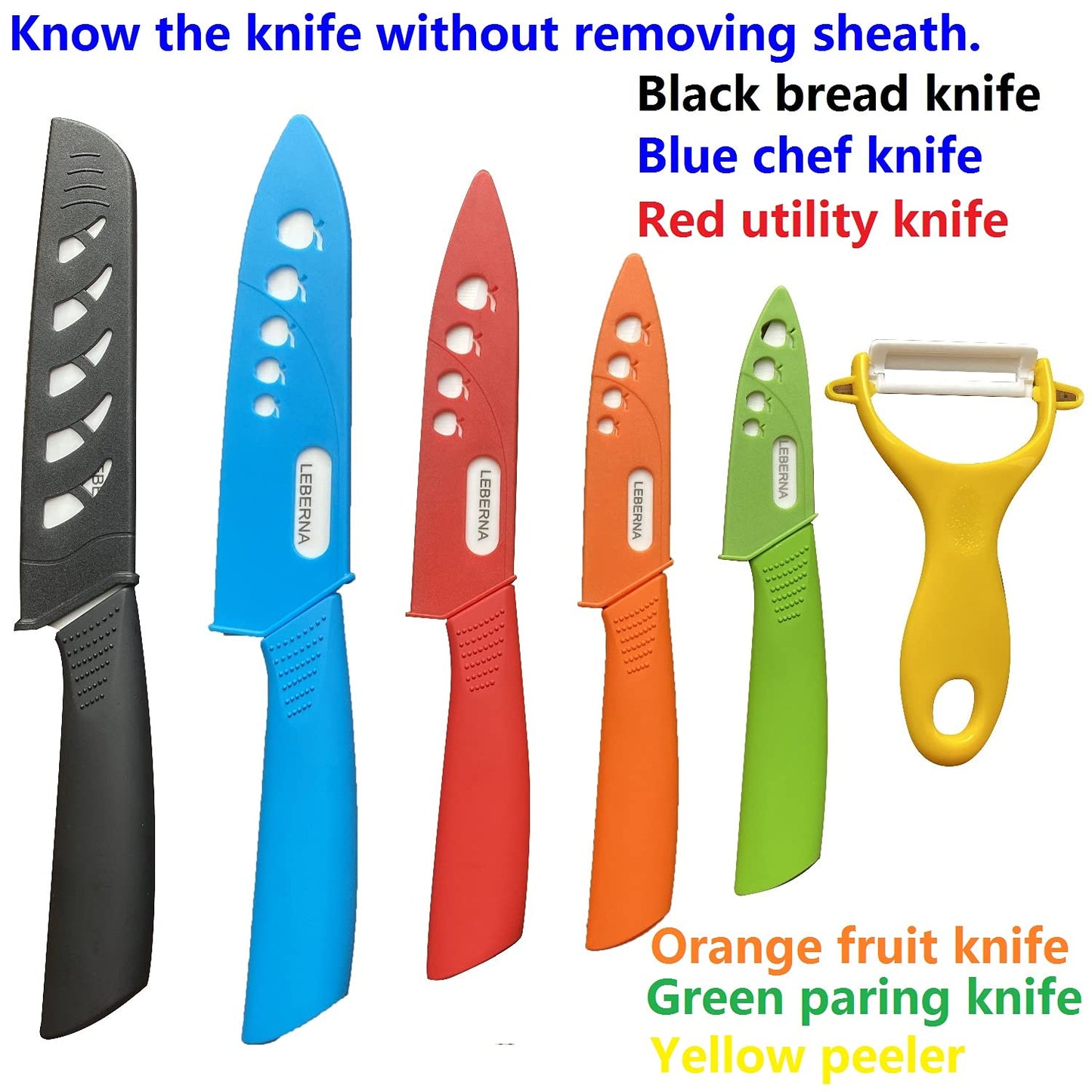 Ceramic Knife Set Ceramic Knives Set for Kitchen Ceramic Kitchen Knives Colored w Sheath 6" Bread Knife 6" Chef Knife 5" Utility Knife 4" Fruit Knife 3" Paring Knife 1 Peeler Colorful Rust Free Proof
