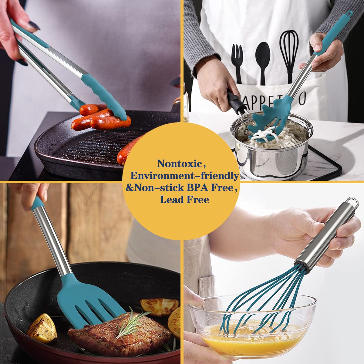 Blue 24-Piece Silicone Cooking Utensil Set, Fungun Non-stick Kitchen 24 Pcs Cookware, Heat Resistant , Silicone Kitchen Tools Gift with Stainless Steel Handle (Blue-24pcs)
