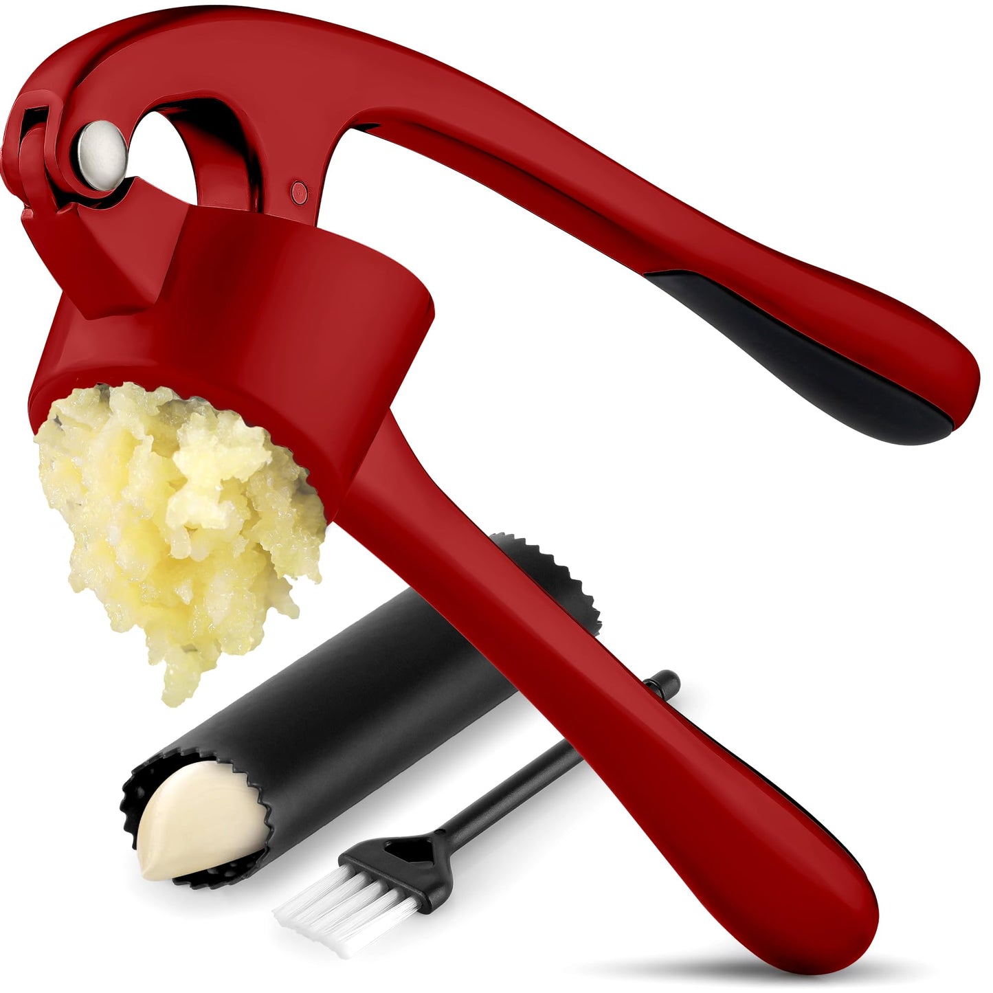 Zulay Kitchen Large Premium Garlic Press Set - Bigger Bowl for Bigger Garlic - Rust Proof and Dishwasher Safe Garlic Mincer Tool - Easy-Squeeze, Easy-Clean Silicone Garlic Peeler and Brush (Red)