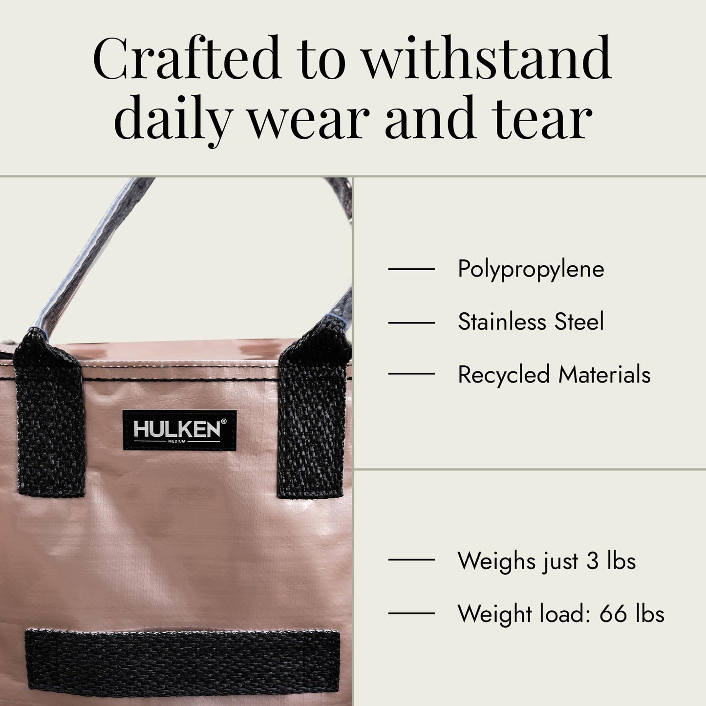 HULKEN (Medium, Rose Gold) Reusable Grocery Bag On Wheels, Shopping Trolley, Rolling Tote, Zipper Closure, Lightweight, Carries Up to 66 lb, Folds Flat, Unbreakable Handles