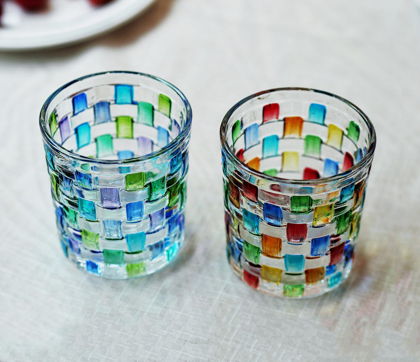 TUCHACA Colored Water Glasses. Colorful Drinking Glass Cups Set of 2 (2 colors). Whiskey Tumblers 10 oz. Renaissance Hand Painted Stained Glasses. The Gift for Cups Enthusiasts.