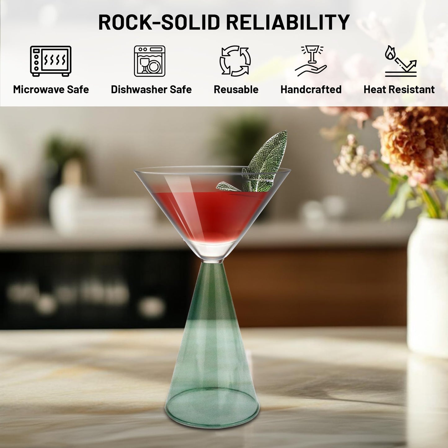 Gusto Buono 8.4oz Martini Glasses – Set of 4 Drinkware with Sea Green Stem Geometric Design | Heat-Resistant, Dishwasher & Microwave Safe | Perfect for Martinis, Cocktails, Home, Parties, & Gifts