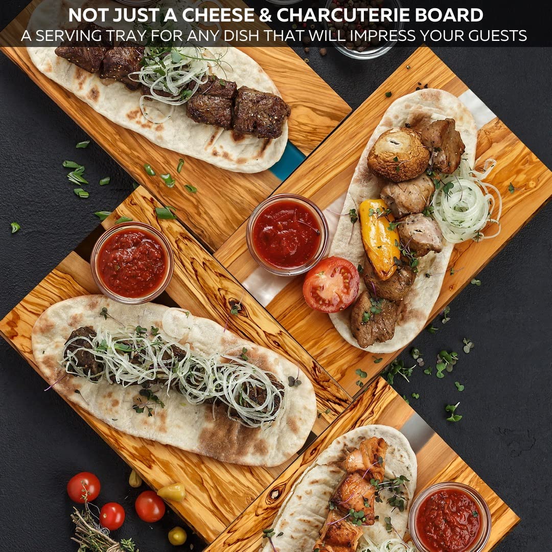 Handcrafted Italian Olive Wood Cheese and Charcuterie Board Set with Unique White Pearl Resin Artwork - Cutting Board Comes with 4 Cheese Knives, 2 Dipping Bowls & Corkscrew Wine Opener (White Pearl)