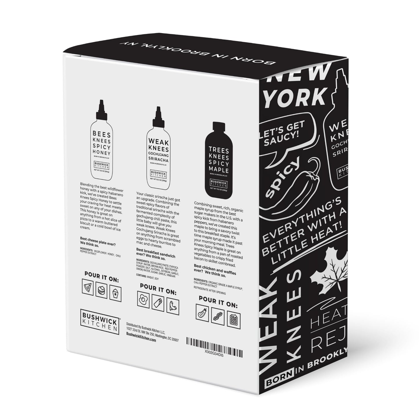 Bushwick Kitchen Spicy Sampler Gift Box, Set Includes our Gochujang Sriracha, Spicy Maple Syrup, and Spicy Honey Hot Sauces, 5 Recipes, Chile Pepper Dish Towel, and Bushwick Kitchen Gift Box