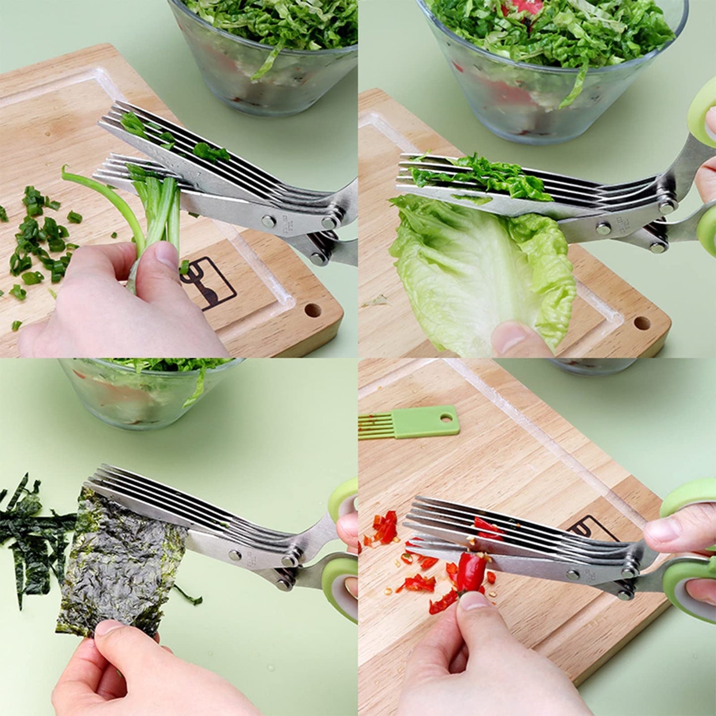 SimpleKitchen Gourmet Herb Scissors Set Multipurpose Cutting Shears with Stainless Steel 5 Blades, Herb Stripper, Safety Cover Cleaning Comb for Cutting Cilantro Onion Salad (Green)