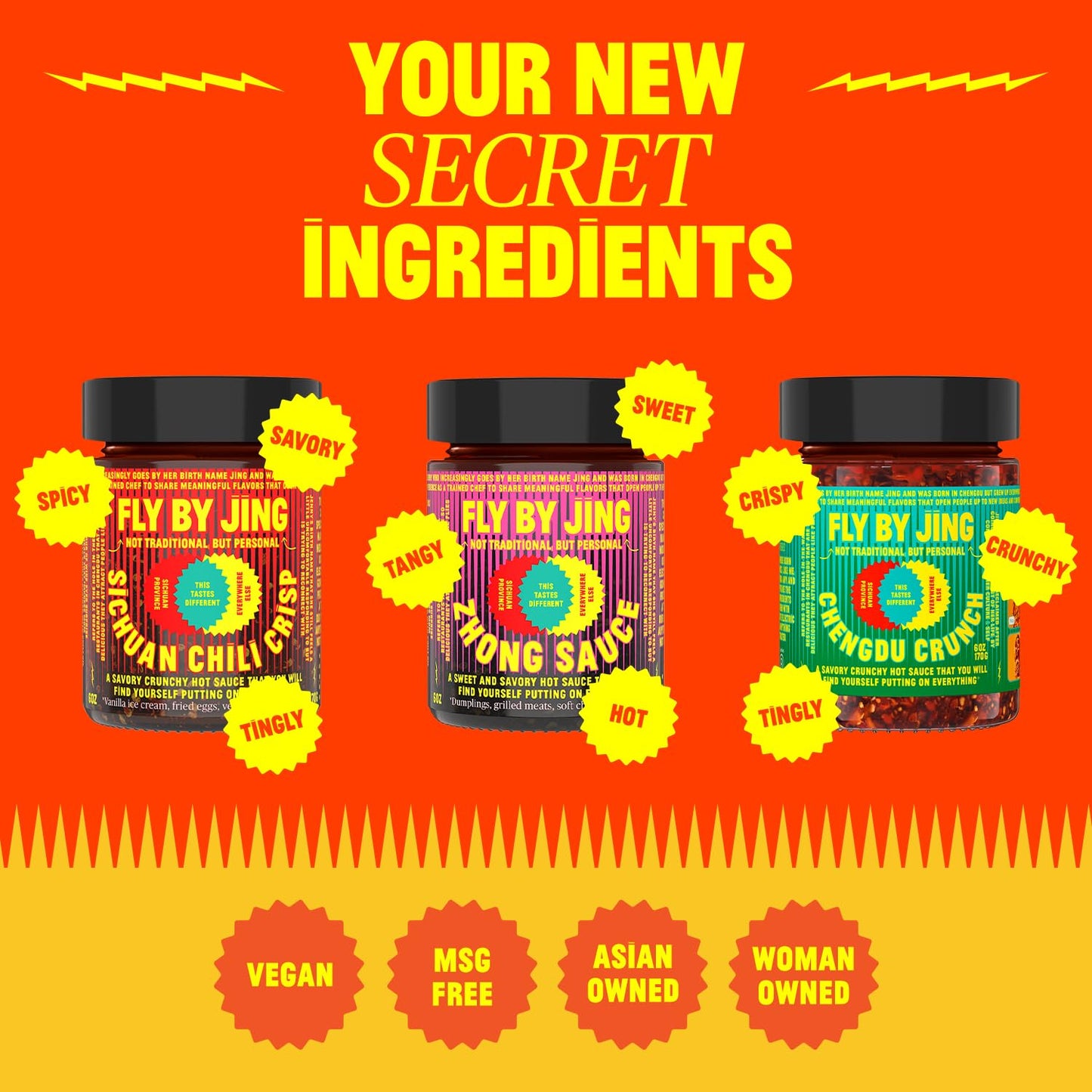 Variety Pack with Sichuan Chili Crisp, Zhong Sauce and Chengdu Crunch, All Natural and Vegan, Perfect Hot Sauce Gift for Foodies, 6 Oz. (3 Pack)
