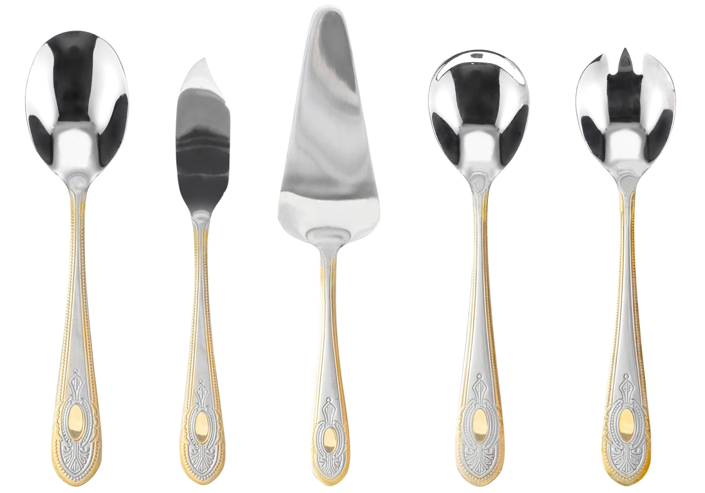5 Piece Hostess Set - 18/10 Stainless Steel Serving Utensil Set - Gorgeous Vintage Handle with Gold Detailing - Dishwasher Safe - Silver and Gold Flatware Hostess Serveware (Amalfi)