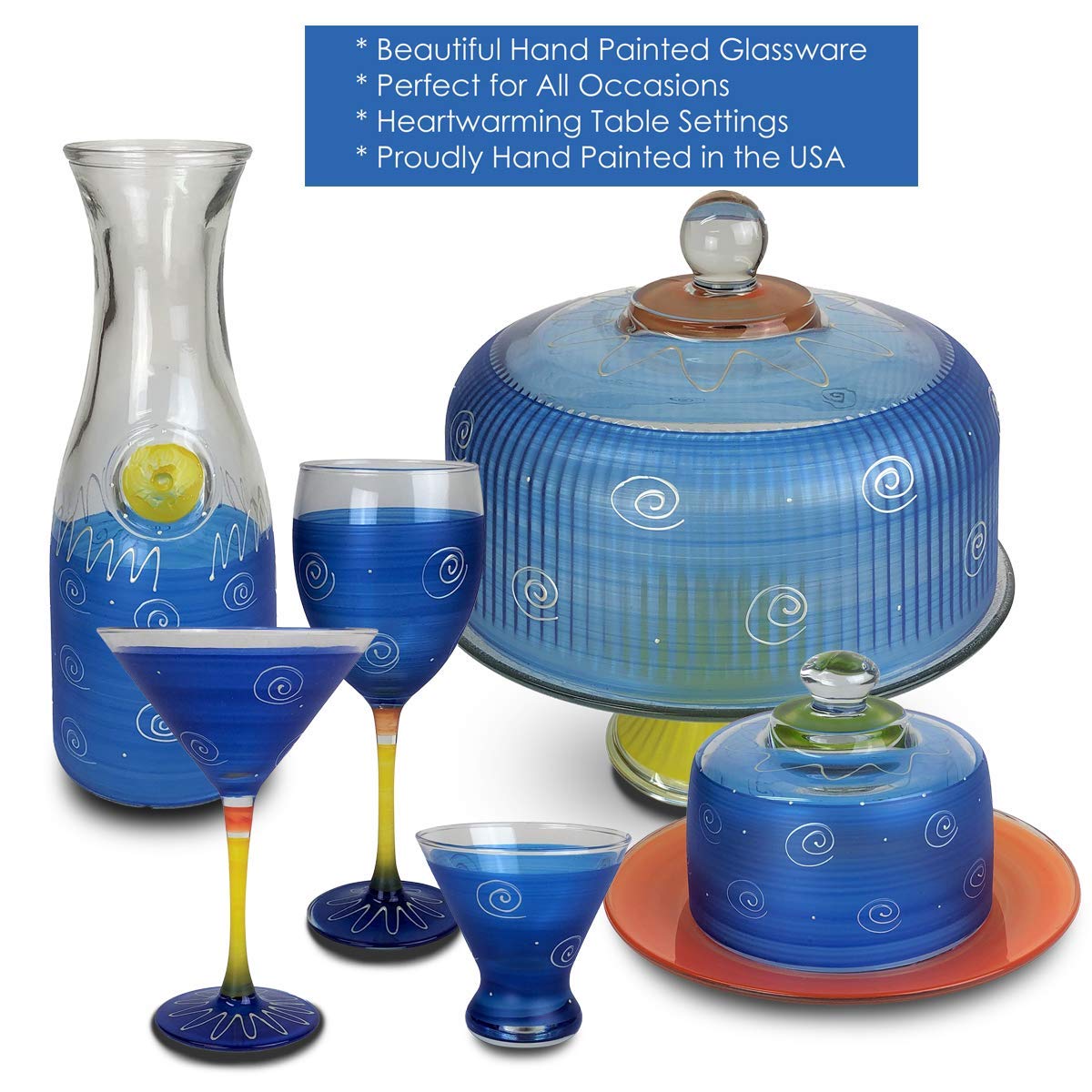 Golden Hill Studio Hand Painted Martini Glasses Set of 2 - Peruvian Splendor Dark Blue Collection - Hand Painted Glassware by USA Artists - Unique and Decorative Martini Glasses, Kitchen Table Décor