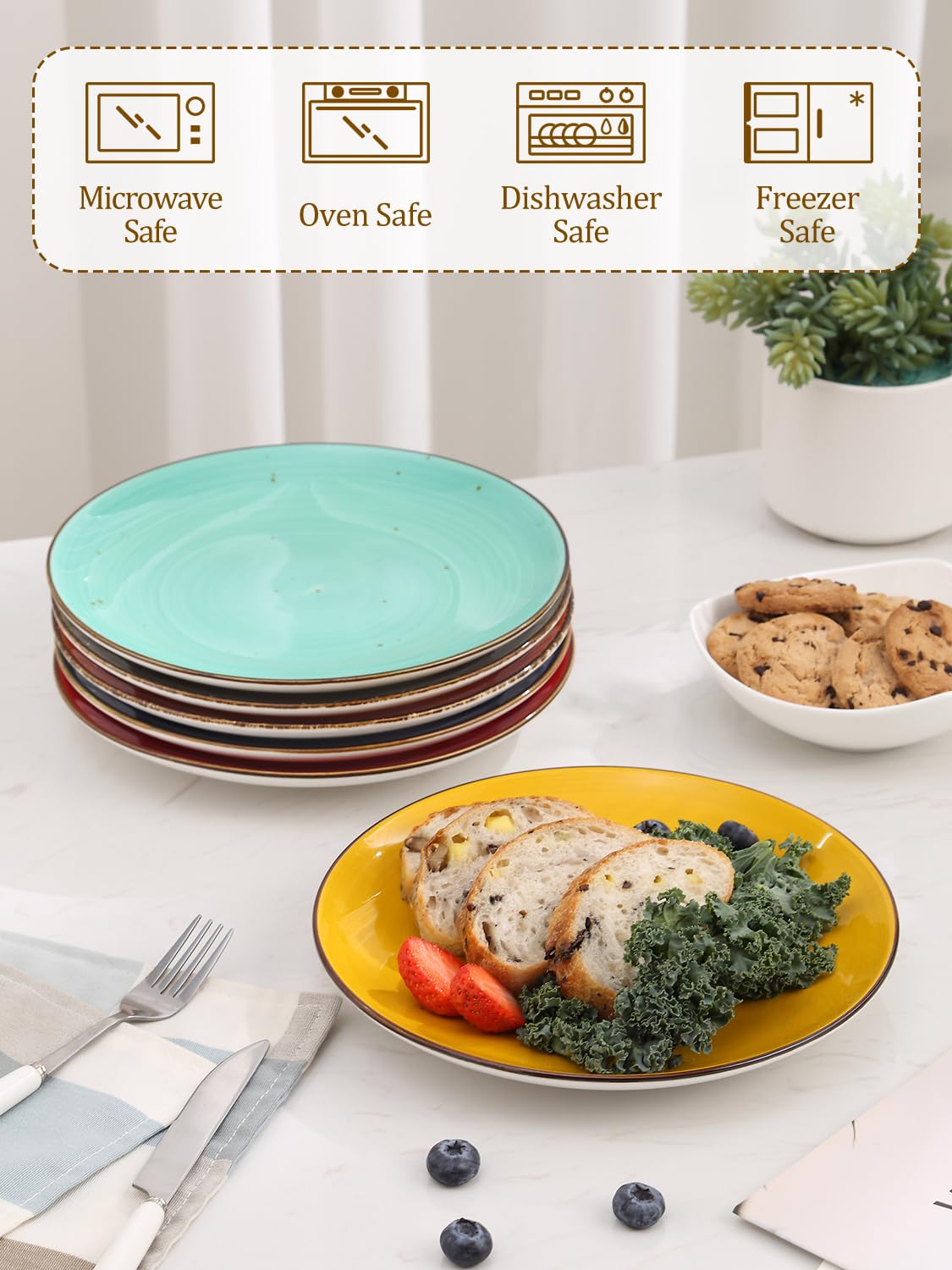 Yedio Dinner Plates, 10.4 Inch Porcelain Plates for Salad, Dessert, Appetizer, Pasta, Kitchen Serving Round Dishes, Microwave, Oven, Dishwasher Safe, Modern Colorful, Hand Painted, Set of 6