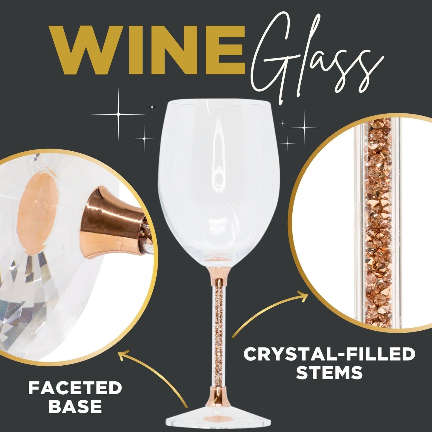 Sparkles Home Vetrina Stem Wine Glass, Sophisticated Crystal Glassware, Faceted Base, Red, White, Rosé, For Celebration Dining Table Setting, Event, Wedding, Rose Gold, Set of 2 in Gift Box