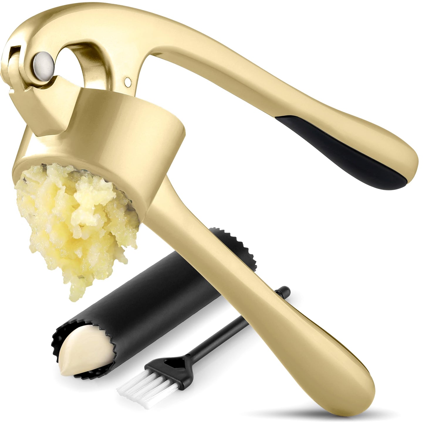Zulay Kitchen Large Premium Garlic Press Set - Bigger Bowl for Bigger Garlic - Rust Proof and Dishwasher Safe Garlic Mincer Tool - Easy-Squeeze, Easy-Clean Silicone Garlic Peeler and Brush (Gold)