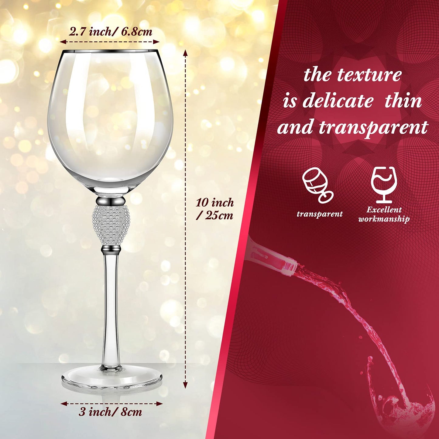 Patelai 2 Pieces Rhinestone Red Wine Christmas Gift Clear Glass with Rim Tulip Shaped Diamond Wine Glasses Long Stem Glassware for Wedding, Parties, Anniversary(Silver)