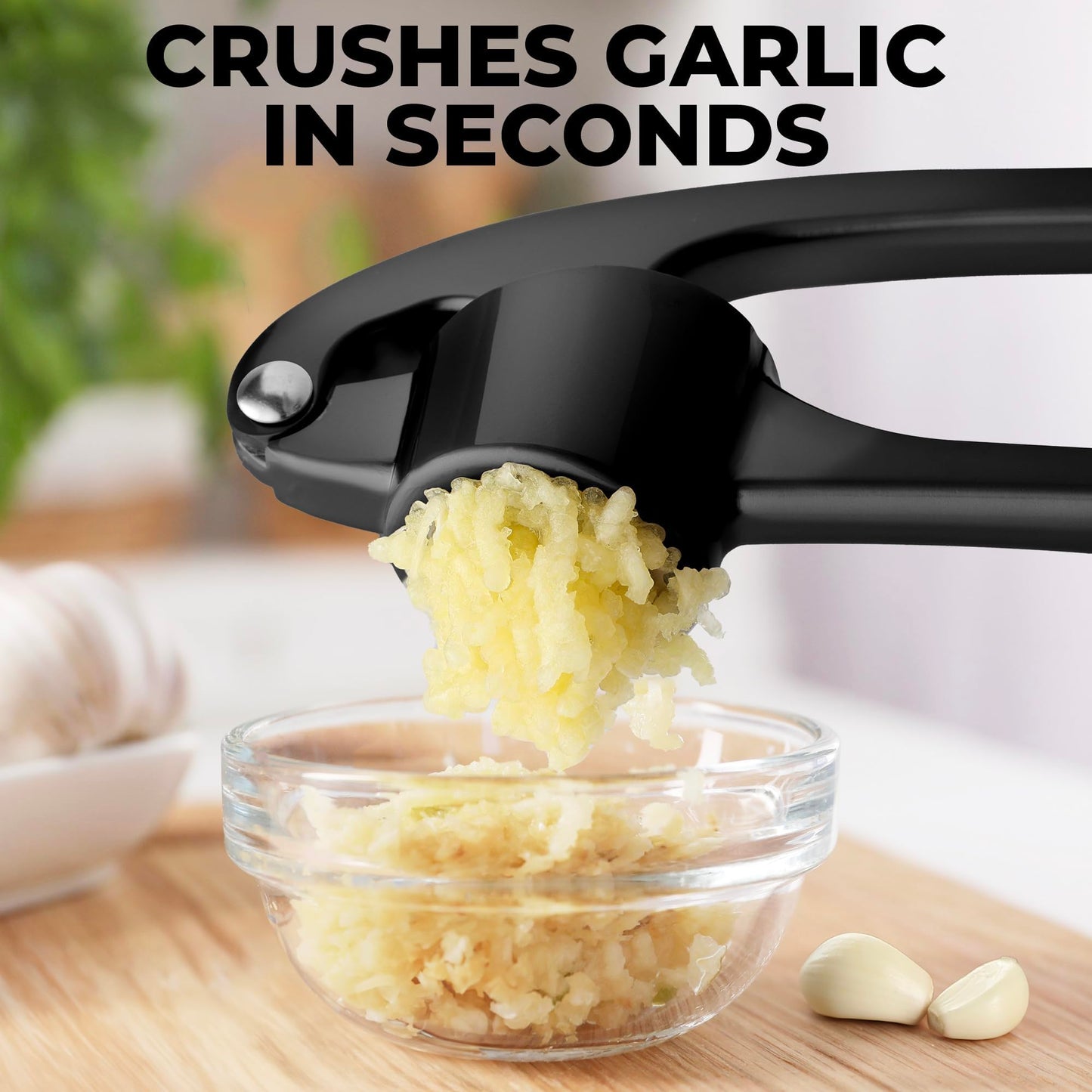Zulay Kitchen Large Premium Garlic Press Set - Bigger Bowl for Bigger Garlic - Rust Proof and Dishwasher Safe Garlic Mincer Tool - Easy-Squeeze, Easy-Clean Silicone Garlic Peeler and Brush (Black)