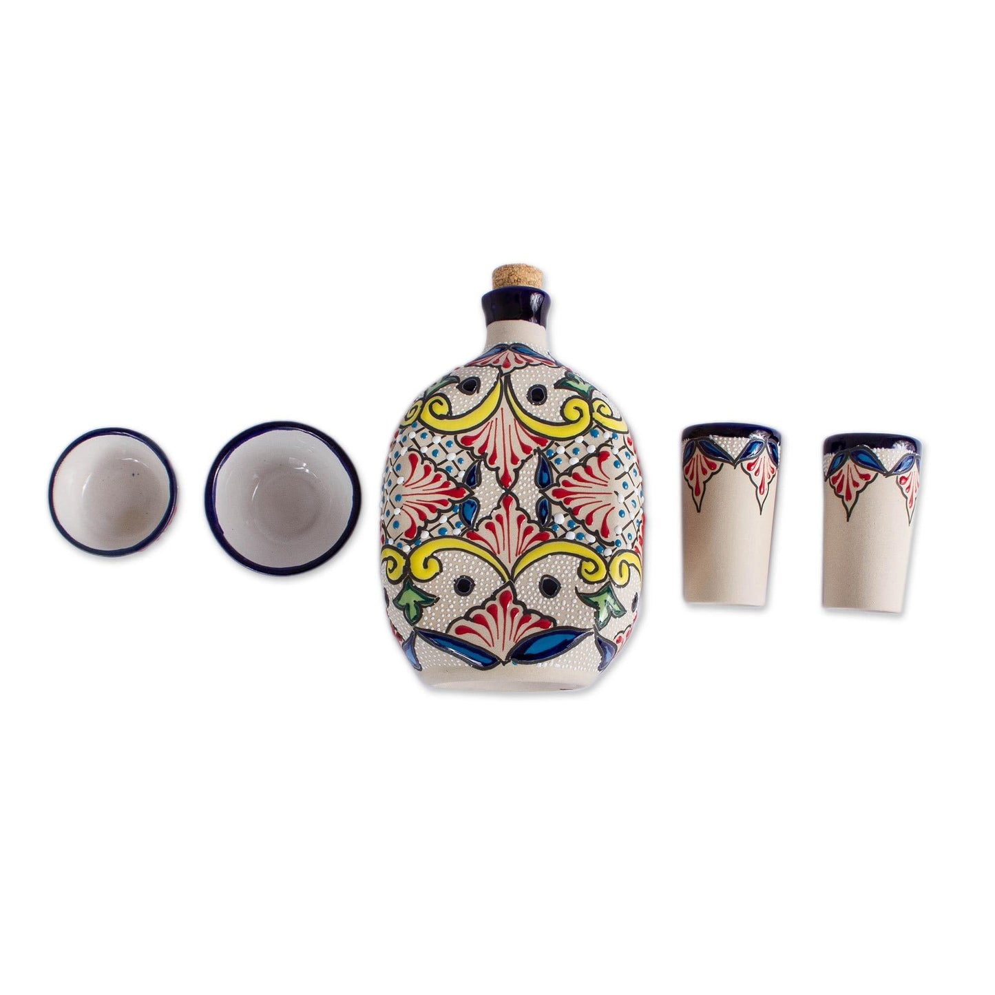 NOVICA Artisan Handmade Ceramic Tequila Talaverastyle from Mexico Multicolor Tableware Drinkware Glasses Shot Hacienda Painted 'Talavera Beverage' (5-Piece Set)