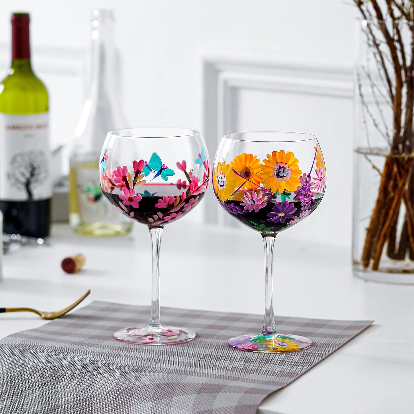 Hand-Painted Wine Glass Pink Flower Dragonflies Artisan Painted 20 Oz. Personalized Gift Idea