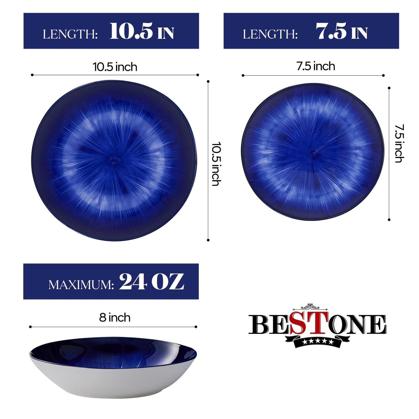 Bestone 12 Piece Round Kitchen Dinnerware Sets,Plates and Bowls sets,Dishes, Plates, Bowls, Dish Set,Plates and Bowls,Service for 4, Chip Resistant Porcelain (Dark Blue)