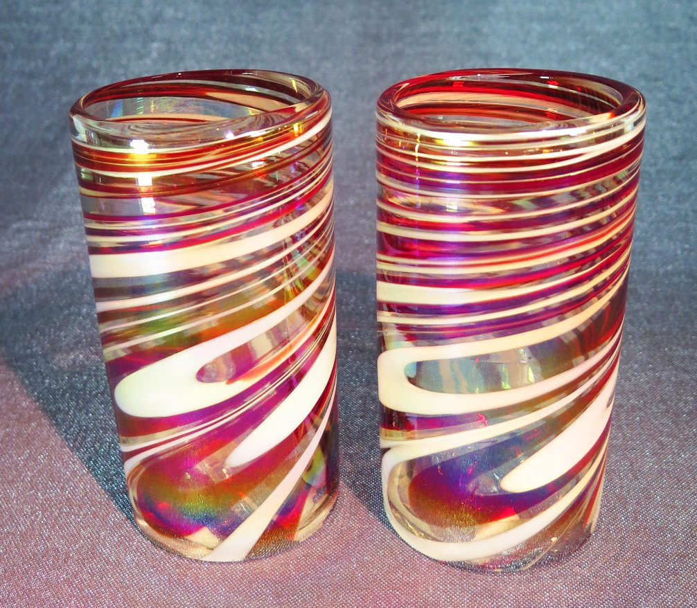 Hand Blown Glass Red White Swirl, Candy Cane design. (Set of 4)