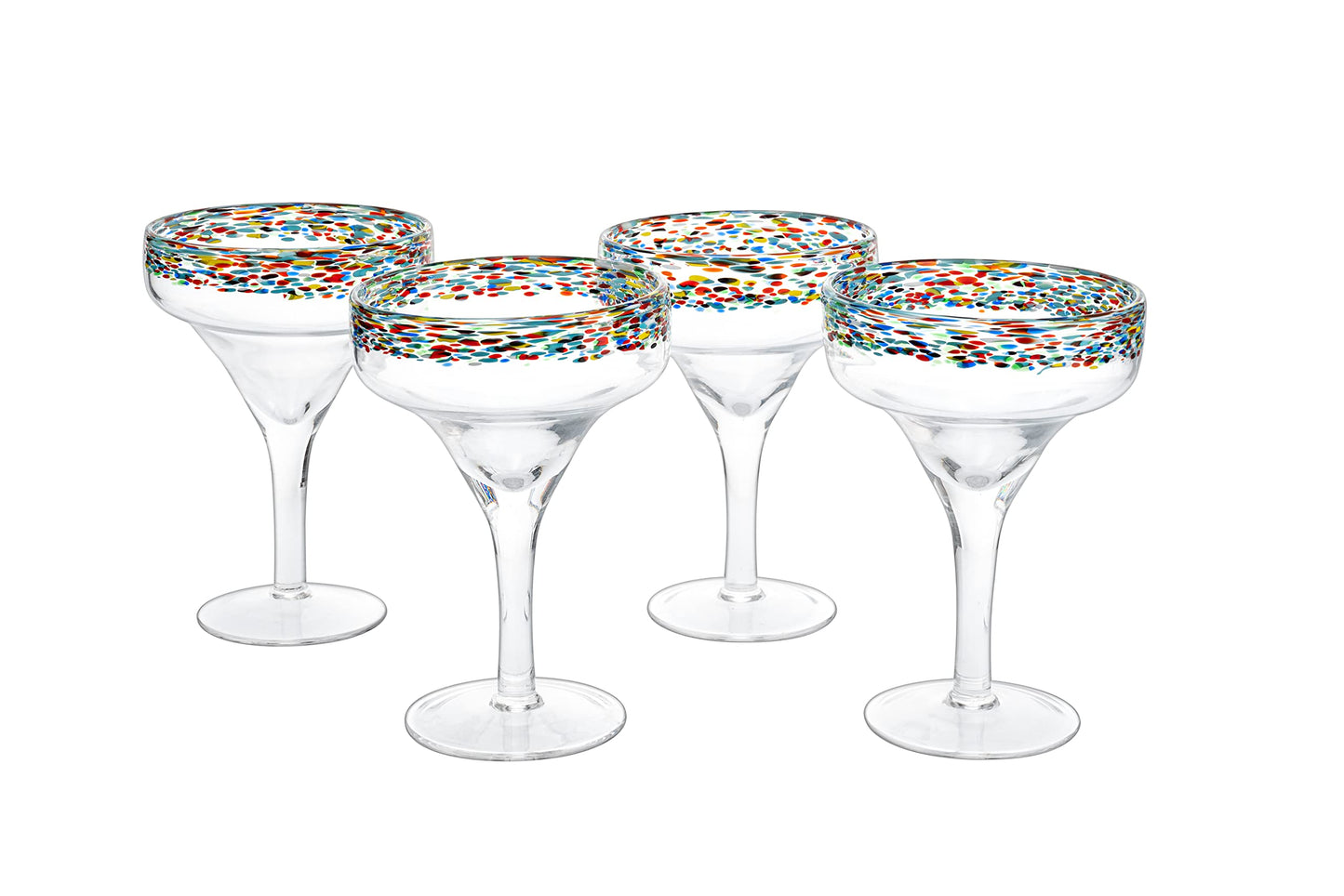 Margarita Glasses – Set of 4 - Luxury Hand Blown Confetti Margaritas, Cocktails, Water, Wine, Dessert, Martini & Champagne Cinco de Mayo, Hand Blown - Mexican Confetti Design Glass, Party, Home & Bar