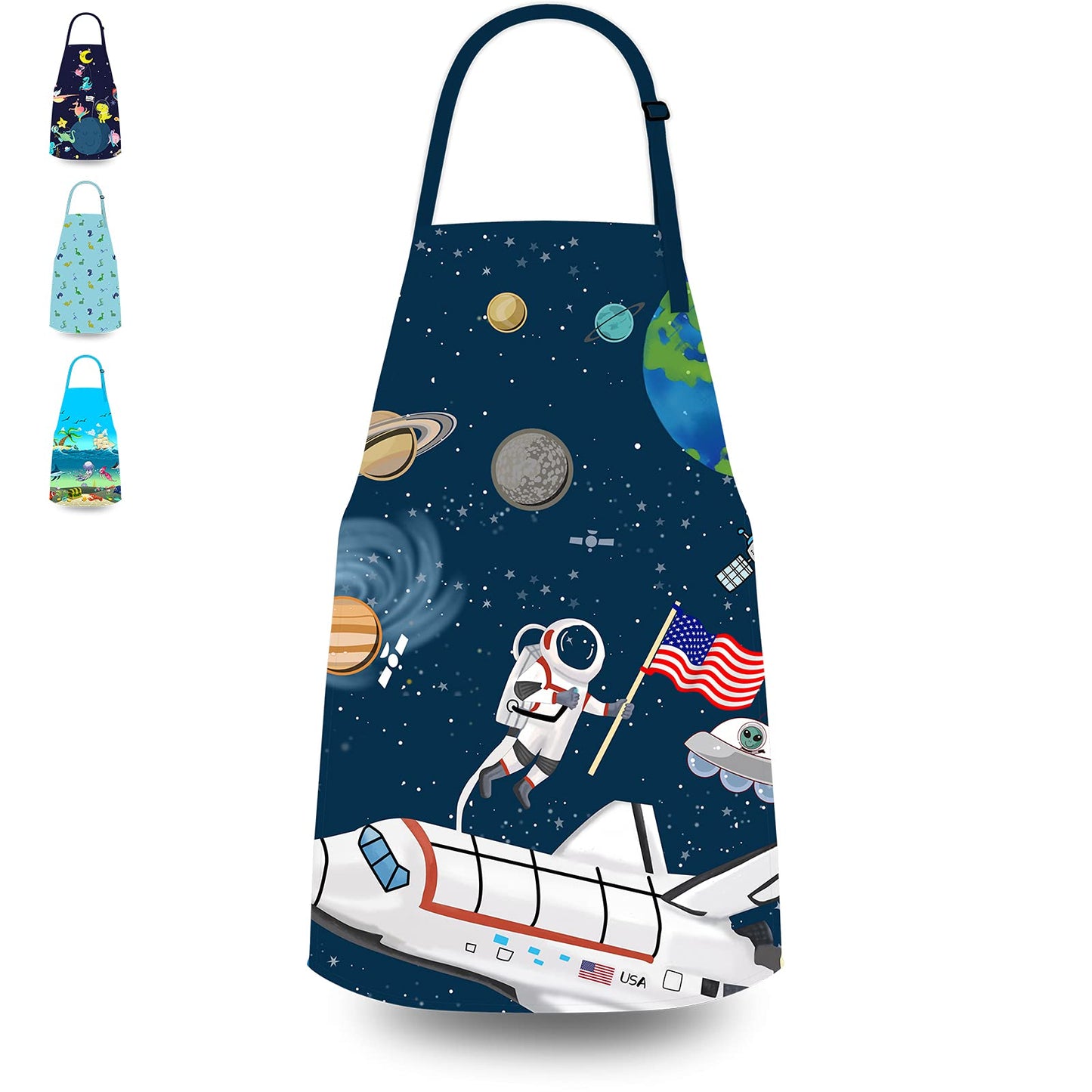 Kids Apron for Cooking or Crafts with Adjustable Neck Strap - Beach, Space or Dinosaur Theme