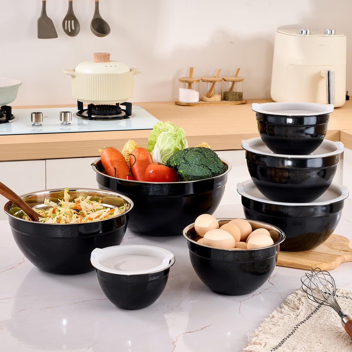 Moxinox Black Mixing Bowls with Airtight Lids, Stainless Steel Nesting Mixing Bowls Set of 7, Ideal for Baking, Prepping and Serving Food, Size 7, 3.6, 2.7, 2.1, 1.5, 1.1,0.8 QT, Stackable Design
