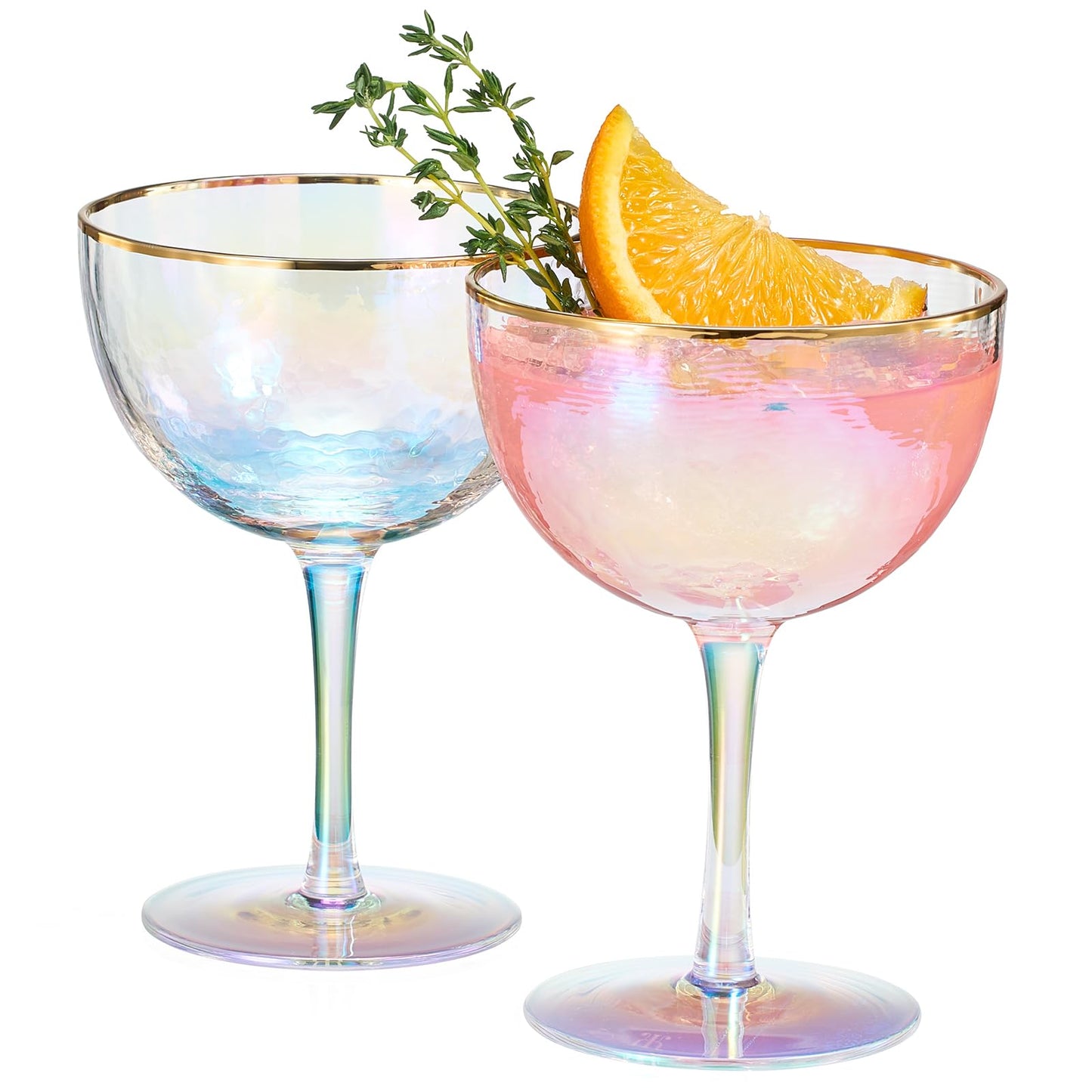 Festive Lustered Iridescent Hammered Coupe Glasses - Set of 2 - Gold Rim 8 5oz Colorful Champagne Glasses - Anniversaries, Birthday Gift, Cocktail Party Radiance - Water, Wine, Cosmopolitan, Barware