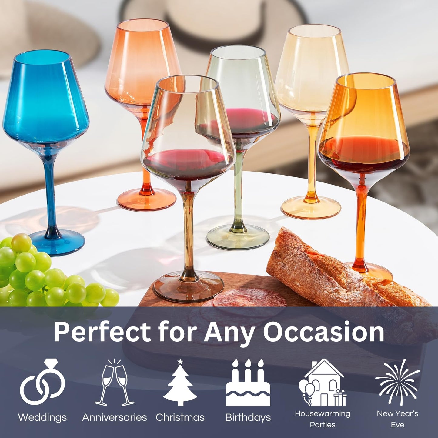 European Style Plastic Crystal Unbreakable Stemmed Wine Glasses | Set of 12 | Acrylic Glasses Tritan Pastel Color Shatterproof BPA-free, Outdoor, Pool, Indoor, Hand Wash 17oz Gift, Everyday & Holiday