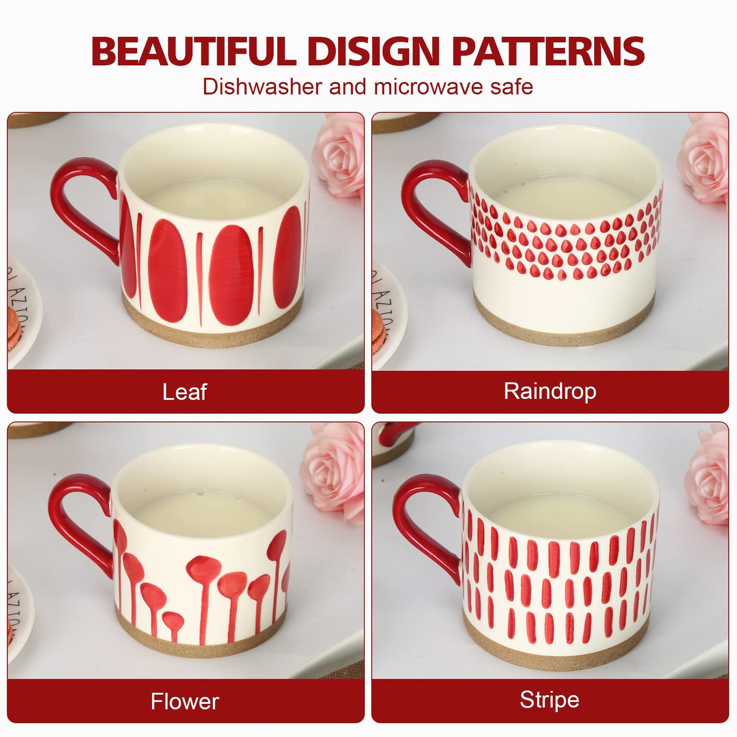 Koja Hand Painted 15 oz. Porcelain Ceramic Mugs Set. Service for 4. (Hand Painted - Red)