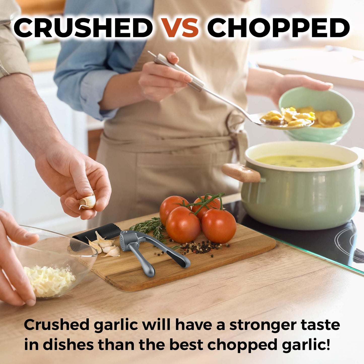 Zulay Kitchen Large Premium Garlic Press Set - Bigger Bowl for Bigger Garlic - Rust Proof & Dishwasher Safe Garlic Mincer Tool - Easy-Squeeze, Easy-Clean Silicone Garlic Peeler and Brush (Slate)