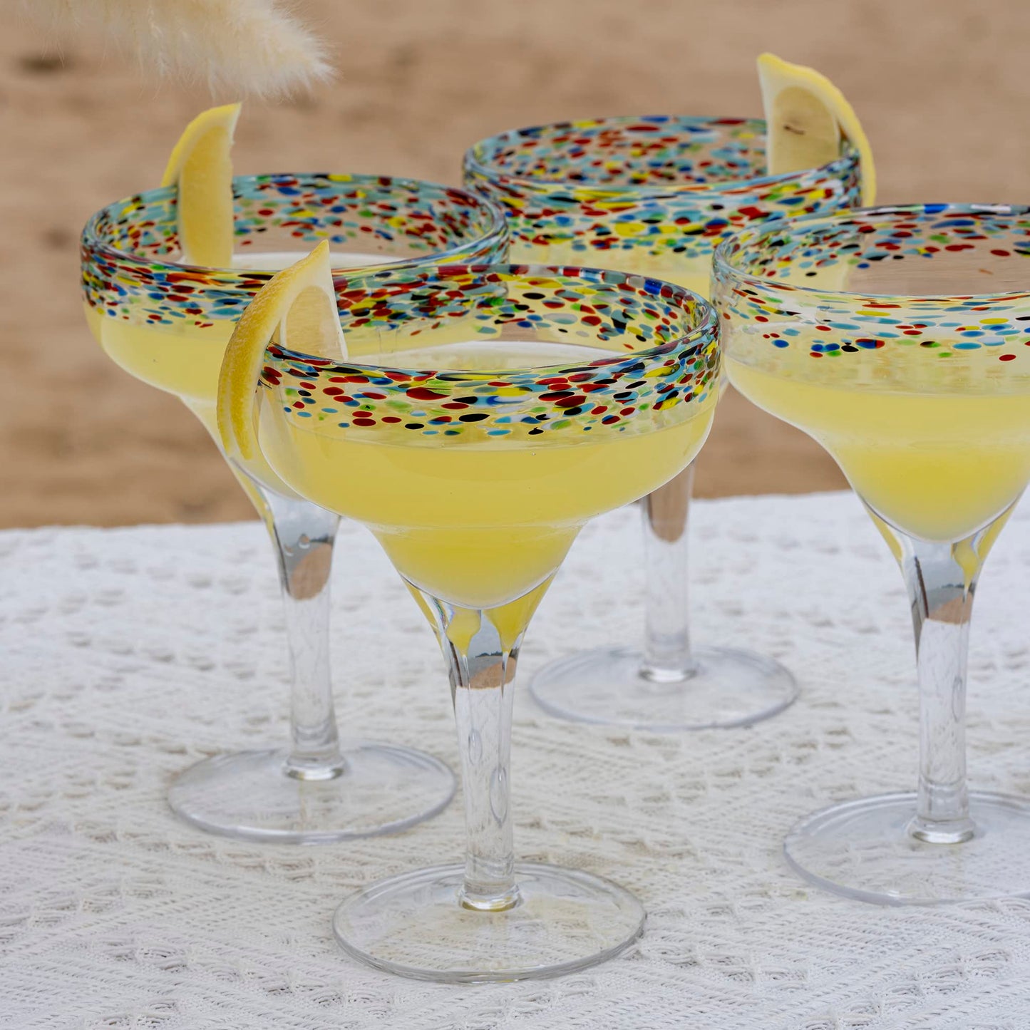 Margarita Glasses – Set of 4 - Luxury Hand Blown Confetti Margaritas, Cocktails, Water, Wine, Dessert, Martini & Champagne Cinco de Mayo, Hand Blown - Mexican Confetti Design Glass, Party, Home & Bar