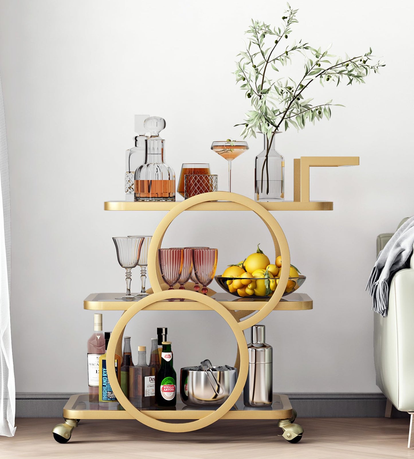LORMITER Gold Bar Carts with 3-Tier Shelves, Rolling Bar Carts on Wheels, Kitchen Serving Cart for Dining Room, Glass Bar Carts for Home Use, Round Bar Carts, Wine Carts.