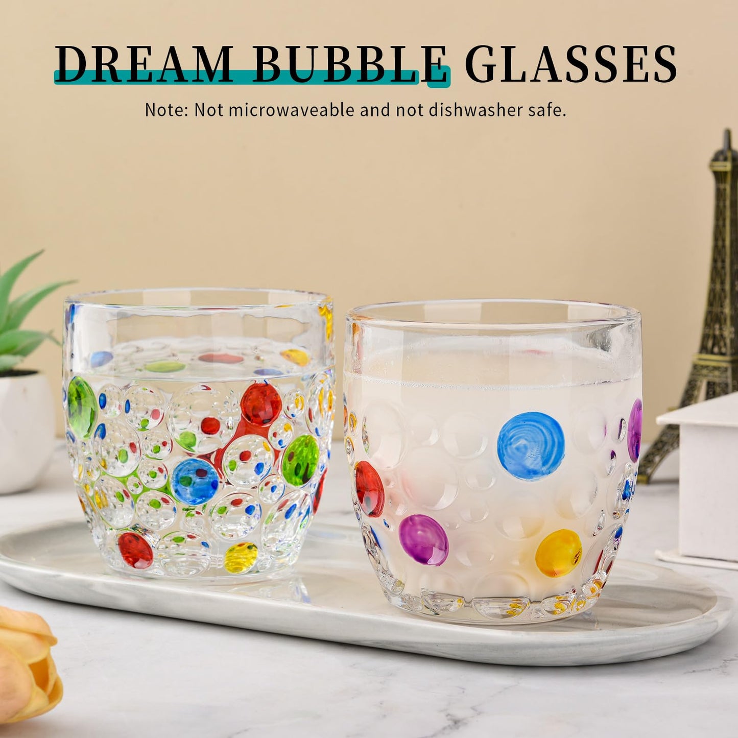 Colorful Bubbly Drinking Glasses Set of 2, 11 oz. (330 ml), Stemless Champagne Glasses, Cocktail Glasses, Stemless Wine Glasses, Iced Tea Mugs, Heavy Duty Glasses For Women (Classic)