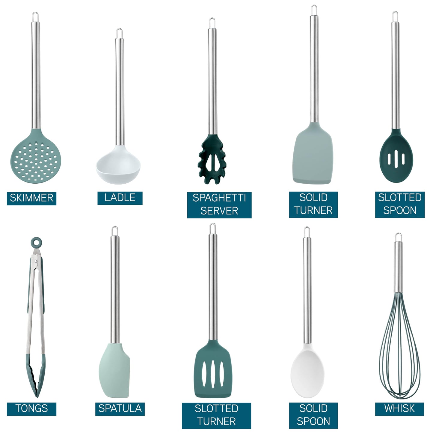 Teal COOK WITH COLOR Silicone Cooking Utensils, Kitchen Utensil Set, Easy to Clean Silicone Kitchen Utensils, Cooking Utensils for Nonstick Cookware, Kitchen Gadgets Set, 10 Pieces, Teal
