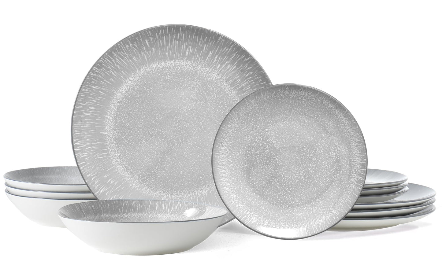 Bestone Plates and Bowls Sets,12 Pieces Round Porcelain Dinnerware Sets,Dishes, Plates, Dishware Sets,Chip Resistant Ceramic Dish Set Dining Dinner Ware Service for 4,Starry Sky Grey