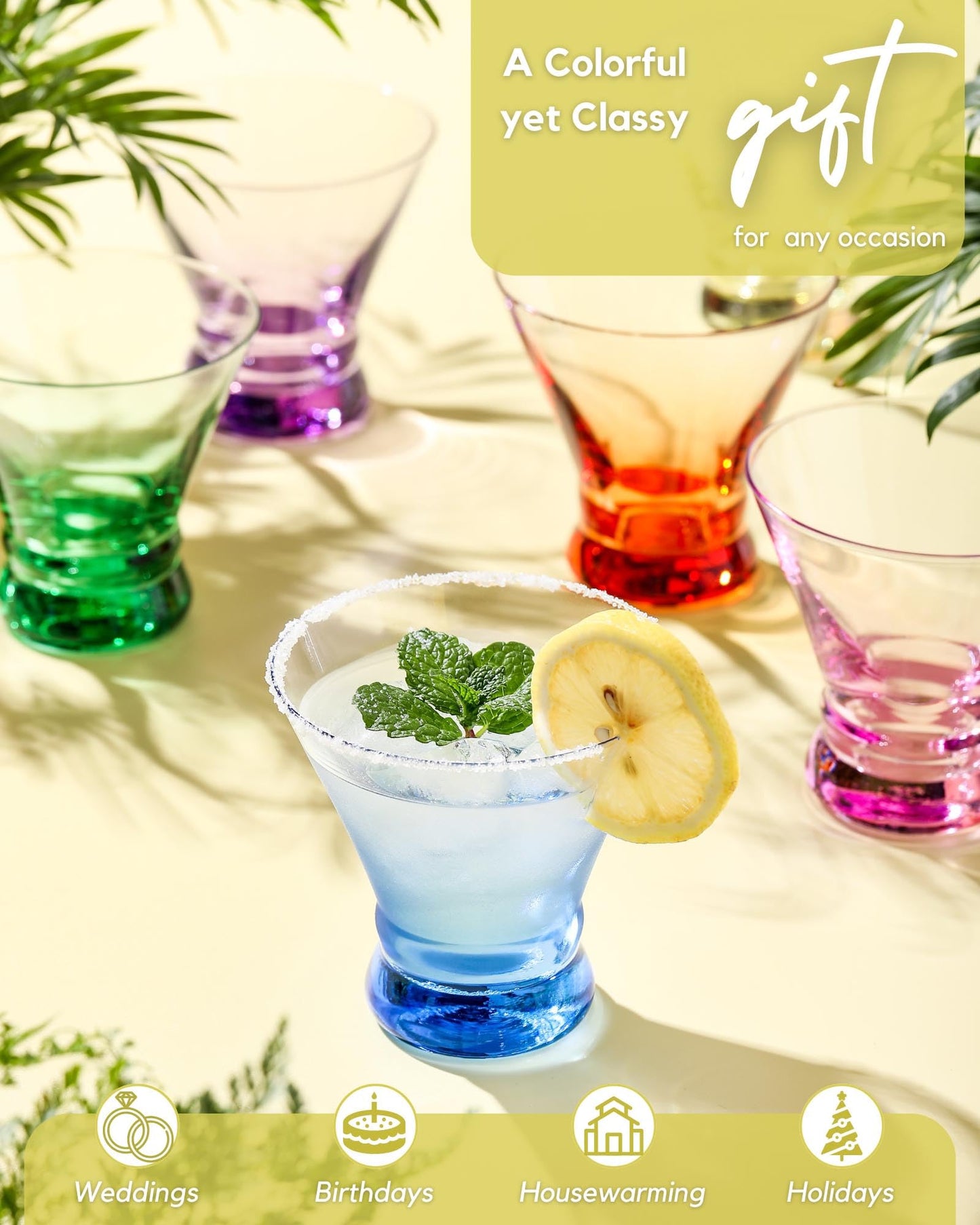 ColoVie Martini Glasses Set of 6 - Cocktail Glasses - 8oz Stemless Margarita, Bar, Dessert Glass - Colored Liquor Drinking Glassware - Cosmo, Manhattan, Espresso Martini - Cocktail Party Gift for Her