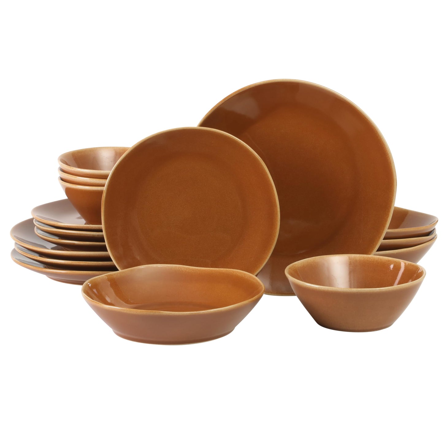 Bloomhouse - Oprah's Favorite Things - Montecito Breeze 16 Piece (Service for 4) Double Plates and Bowls Stoneware Reactive Glaze Dinnerware Set - Terracotta Canyon