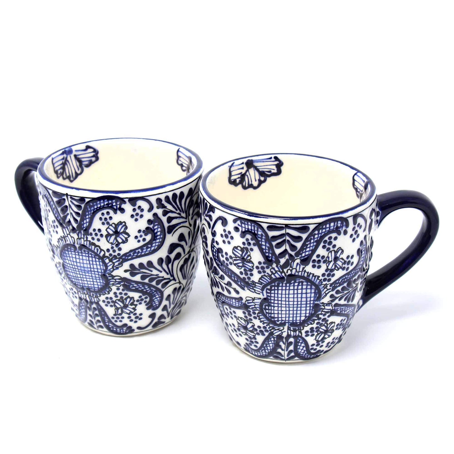 Global Crafts Encantada Handmade Hand-Painted Authentic Mexican Pottery Mugs (Cobalt Blue Flower X2)