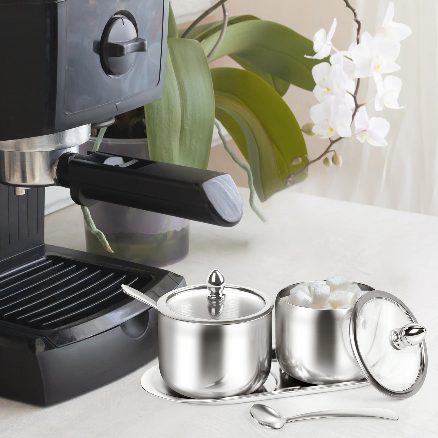 2 Pcs Stainless Steel Sugar Bowl with Tray - Sugar Container with Glass Lid and Spoon for Coffee Bar Accessories Storage for Brown Sugar,Salt,Tea,Coffee Bean,Sugar Cubes (Silver)