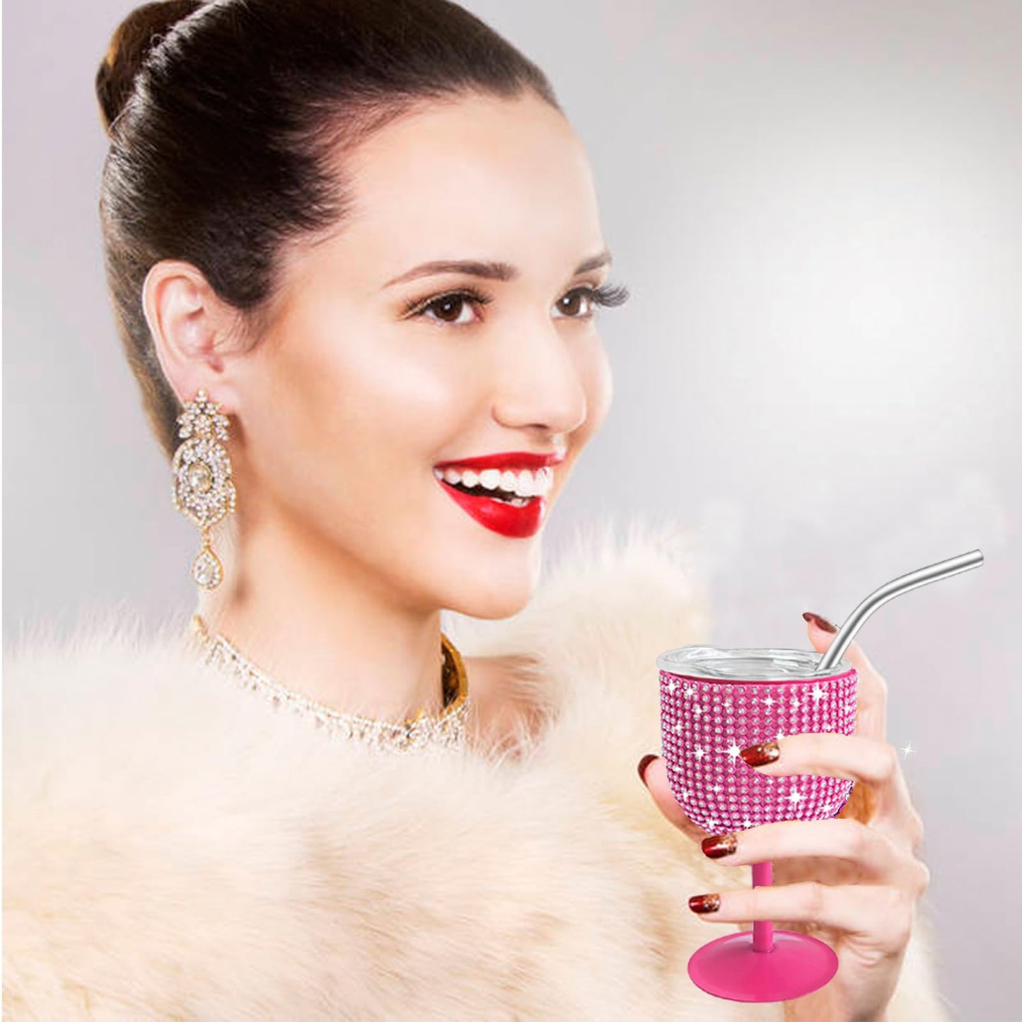 INSTOME Rhinestone Stainless Steel Wine Glasses,4oz Bling Stemmed Stainless Steel Wine Tumbler with Lid and Straw for Camping,Picnics,Travel,Birthday Gifts for Family (pink, 4oz)