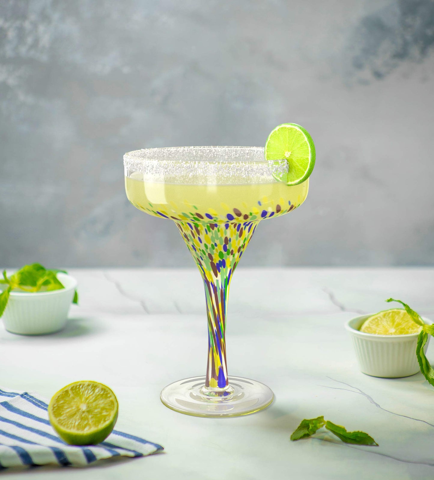 Margarita Glasses – Set of 4 - Luxury Hand Blown Confetti Margaritas, Cocktails, Water, Wine, Dessert, Martini & Champagne Cinco de Mayo, Hand Blown - Mexican Confetti Design Glass, Party, Home & Bar