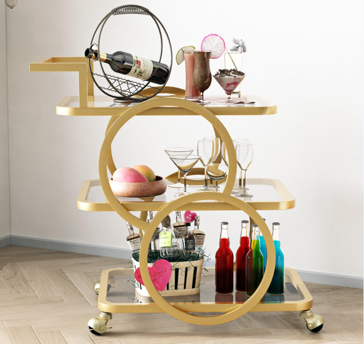 LORMITER Gold Bar Carts with 3-Tier Shelves, Rolling Bar Carts on Wheels, Kitchen Serving Cart for Dining Room, Glass Bar Carts for Home Use, Round Bar Carts, Wine Carts.