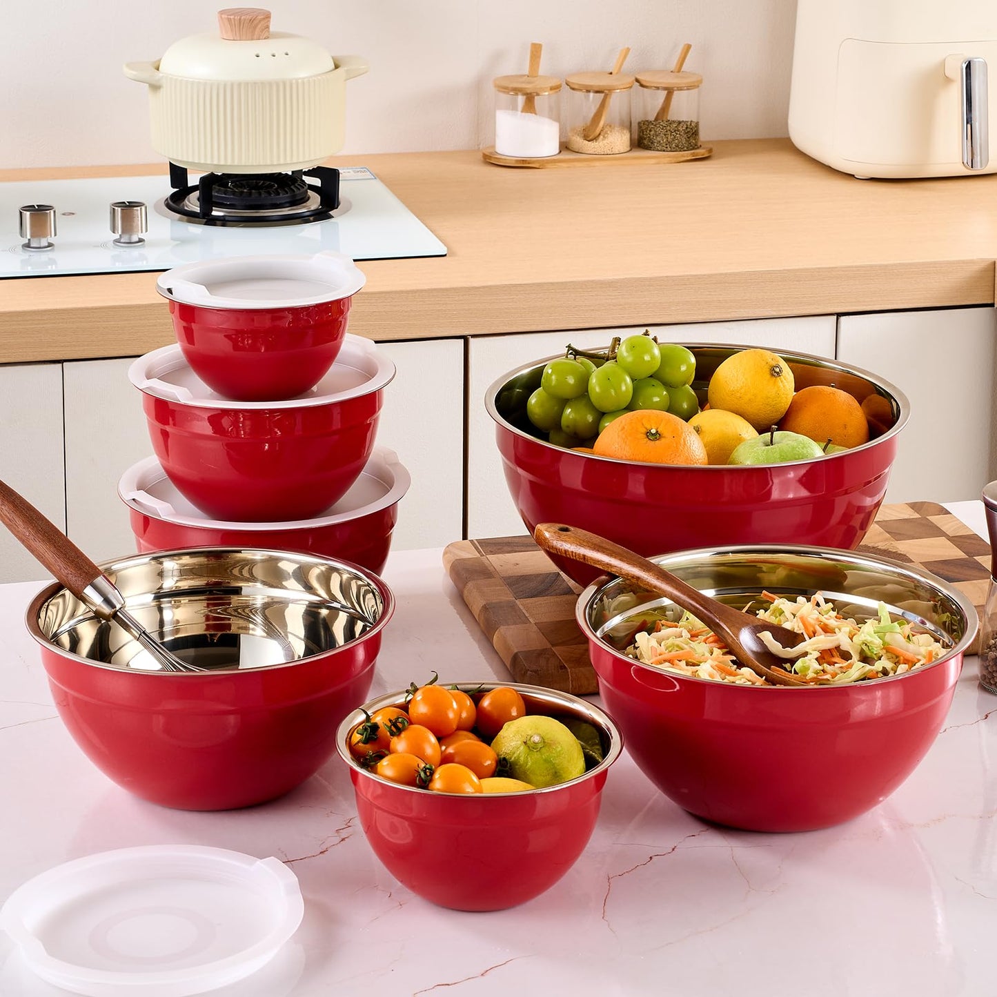 Moxinox Red Mixing Bowls with Airtight Lids, Stainless Steel Nesting Mixing Bowls Set of 7, Ideal for Baking, Prepping and Serving Food, Size 7, 3.6, 2.7, 2.1, 1.5, 1.1,0.8 QT, Stackable Design