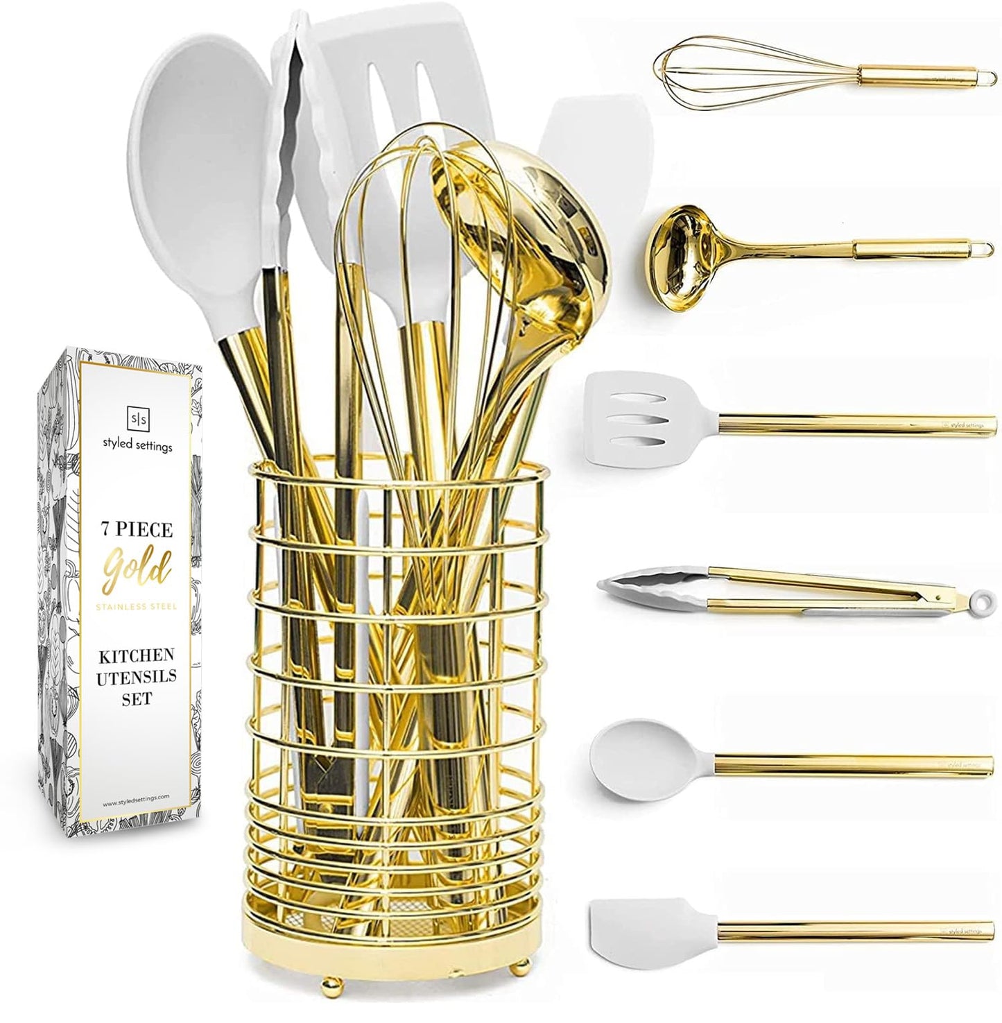 White Silicone and Gold Cooking Utensils Set with Gold Utensil Holder - 7-Piece Silicone Cooking Tools - Ideal for Nonstick Cookware and Stylish Modern Kitchens - Luxury Kitchen Accessories