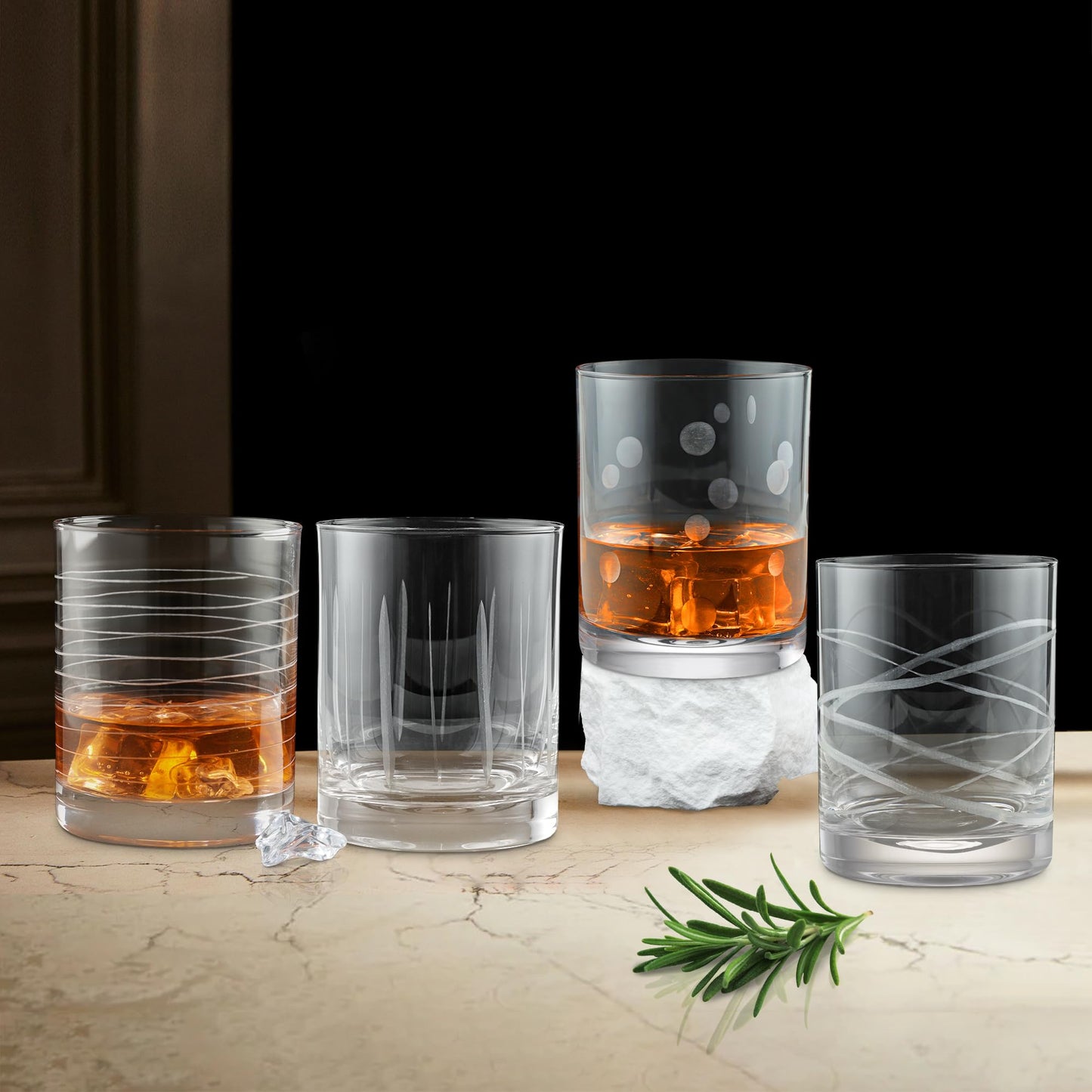 Joeyan Hand Blown Etched Whiskey Glasses,Old Fashioned Tumblers with Stripes Dots Pattern,Clear Carved Rocks Glasses,Scotch Bourbon Glassware for Party Anniversary,13.5 oz,Set of 4,Dishwasher Safe