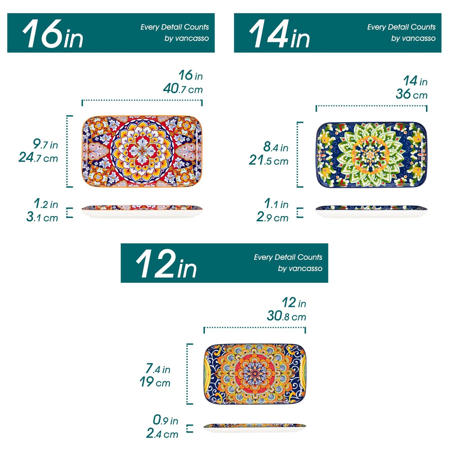 Set of 3 Colorful Bohemian Serving Platters, 16"/14"/12" Inch Rectangular Trays - Serving Platter Extra Large, Bohemian Ceramic Serving Dish for Entertaining Food, Microwave & Dishwasher Safe, Colorful