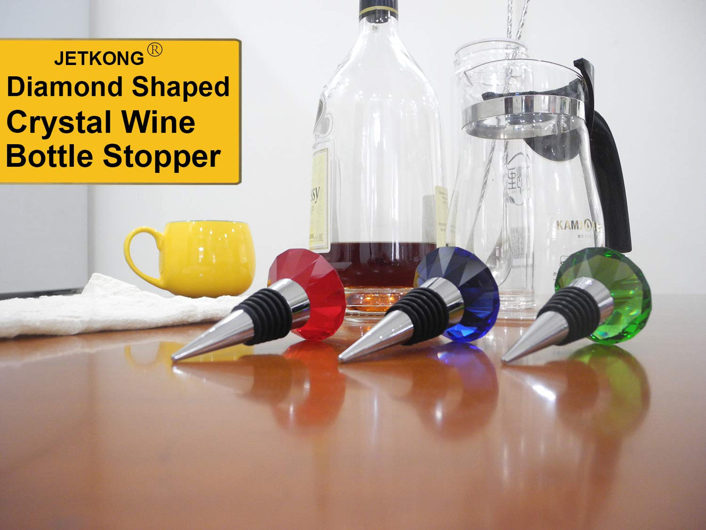 JETKONG 3 Pcs Wine Beverage Bottle Stoppers Reusable Diamond Plug Wine Corks Crystal Wine Stopper (Red Blue Green)