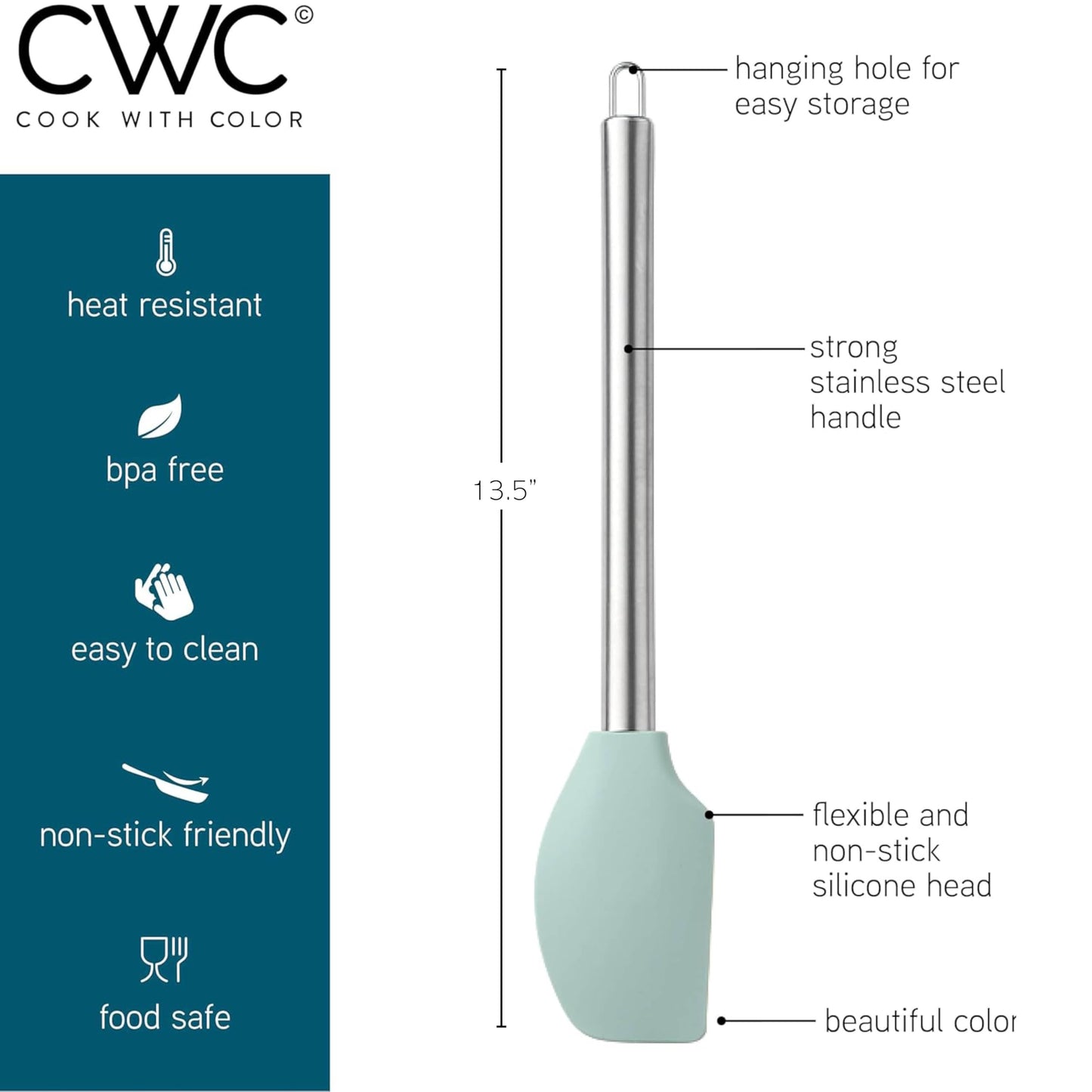 Teal COOK WITH COLOR Silicone Cooking Utensils, Kitchen Utensil Set, Easy to Clean Silicone Kitchen Utensils, Cooking Utensils for Nonstick Cookware, Kitchen Gadgets Set, 10 Pieces, Teal